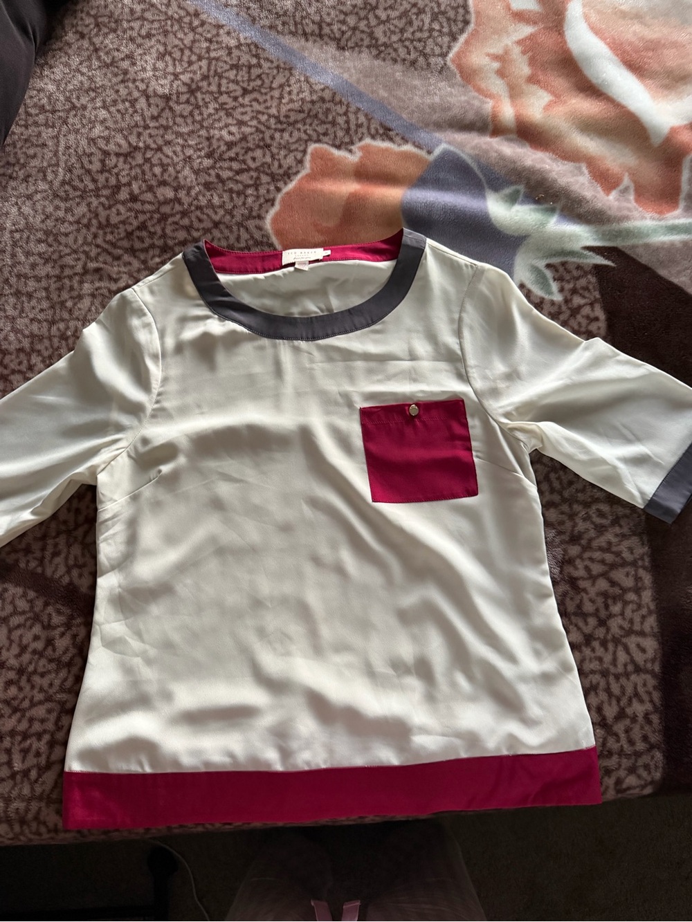 Ted Baker Cream Blouse with Berry Pocket and Hem, Charcoal Trim